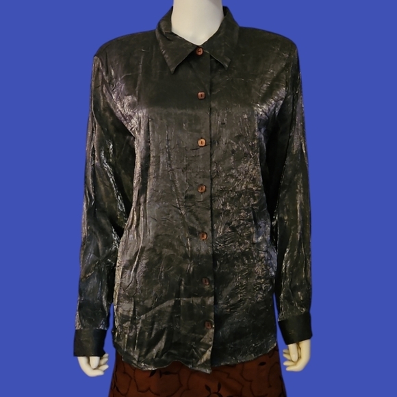 Erena Tops - VTG ERENA 1980s Disco Satin Metallic Gunmetal Crinkle Holiday Shirt